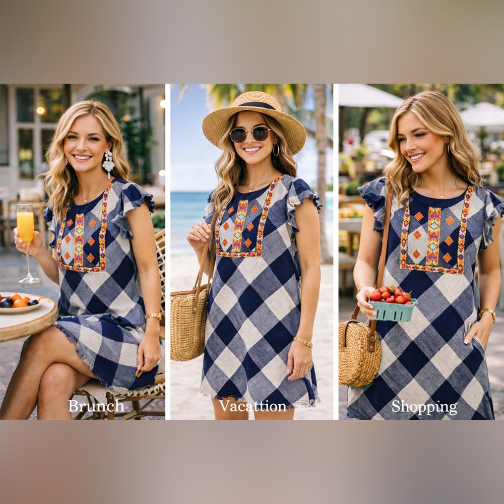 THML Navy and White Plaid Dress with Embroidery